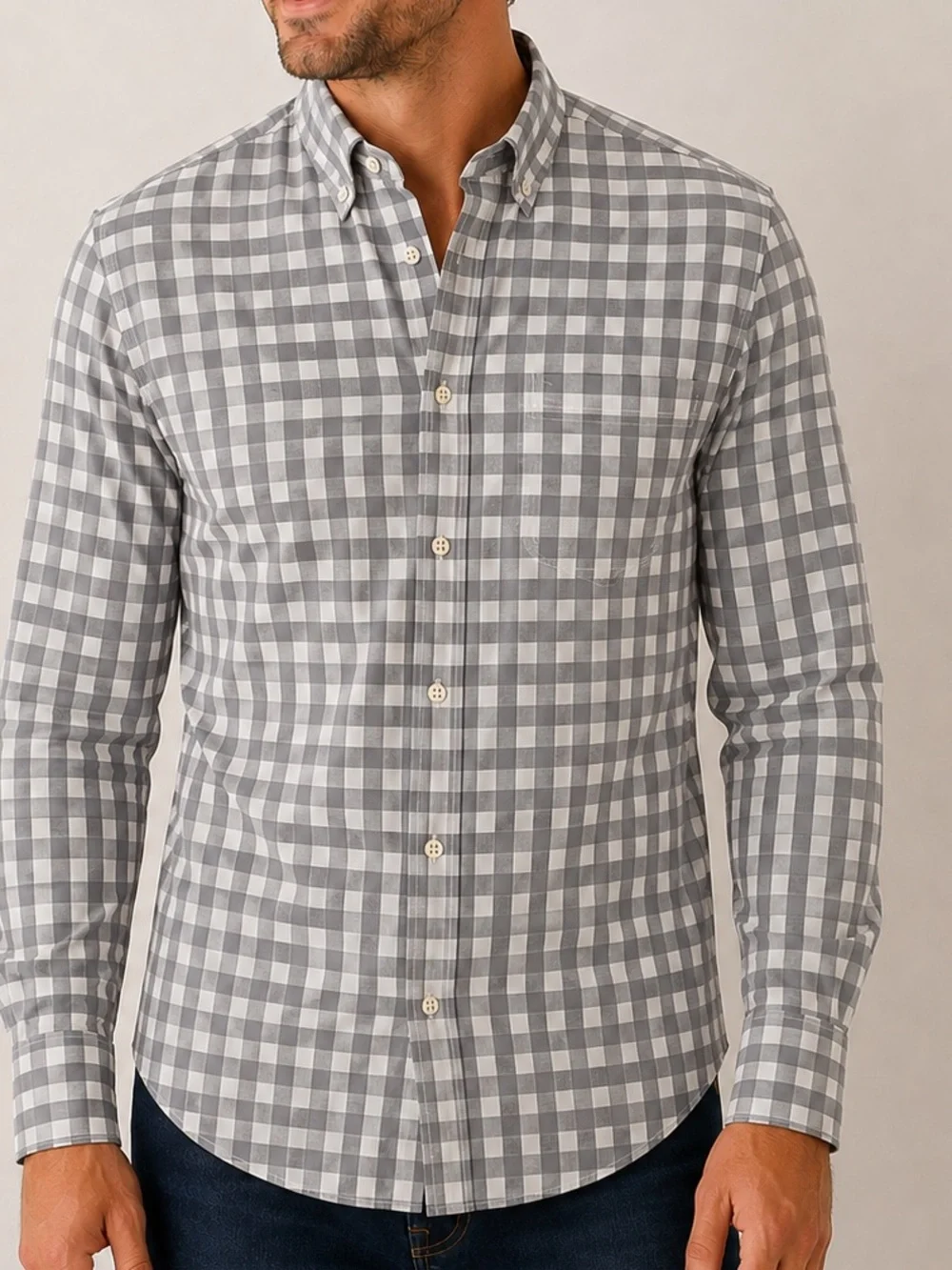 J.Crew Men’s Large Slim Fit Gray White Gingham Button Down Shirt 100% Cotton